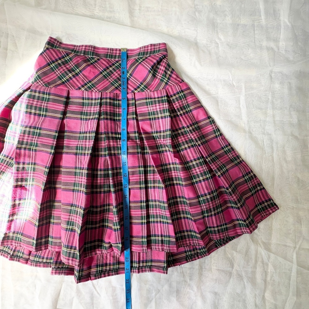 Pink Plaid Pleated Mini Skirt Tartan Side Zip Elastic Back Size 13/14 - Picture 5 of 7